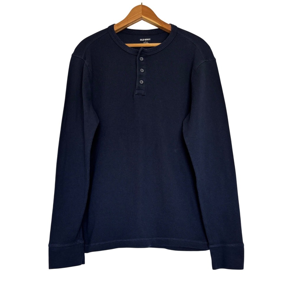 Old Navy Mens Navy Blue Waffle Knit Henley Shirt Built-In Flex Thermal Large